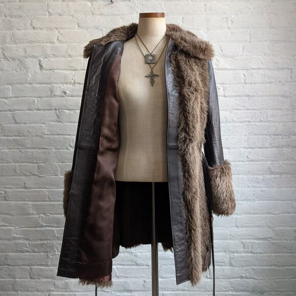 70s Vintage Black Brown Leather Penny Lane Coat Faux Fur Groovy Boho Moto Jacket - Picture 4 of 13